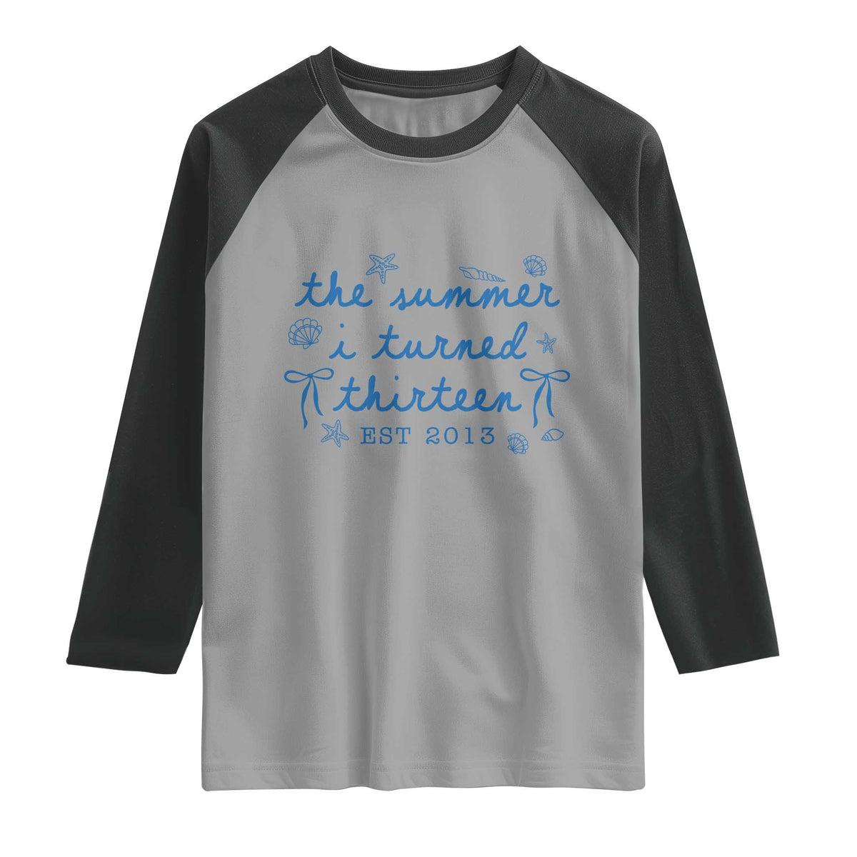 The Summer I Turned Thirteen Funny 13th Birthday Est 2013 Raglan Shirt Summer Coastal Birthday Seashell Bow