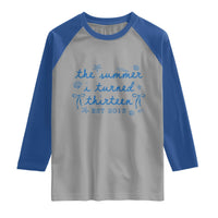 The Summer I Turned Thirteen Funny 13th Birthday Est 2013 Raglan Shirt Summer Coastal Birthday Seashell Bow