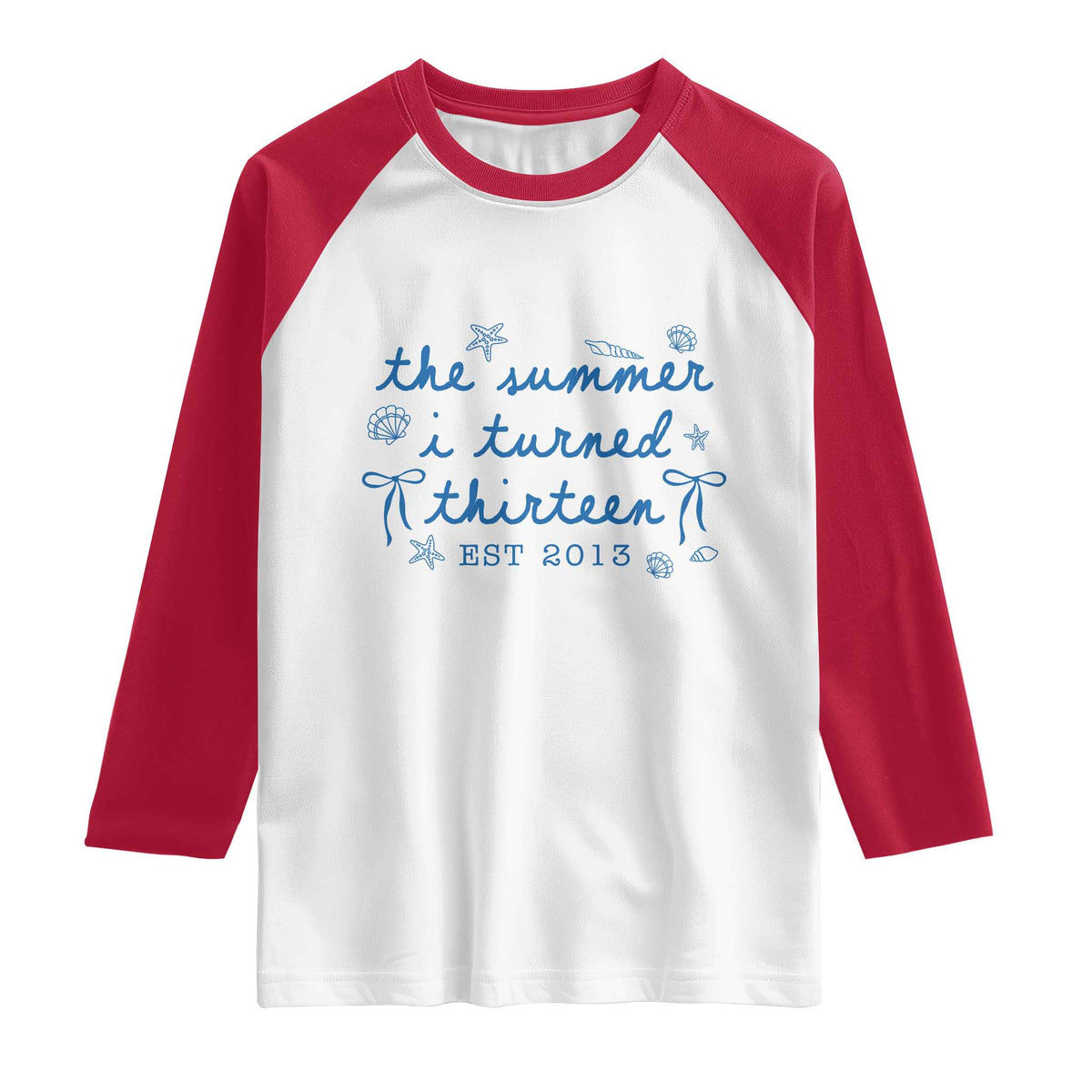 The Summer I Turned Thirteen Funny 13th Birthday Est 2013 Raglan Shirt Summer Coastal Birthday Seashell Bow