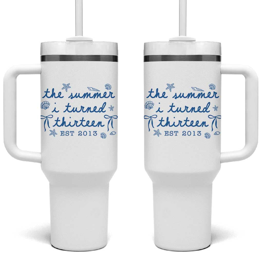 The Summer I Turned Thirteen Funny 13th Birthday Est 2013 Tumbler With Handle Summer Coastal Birthday Seashell Bow