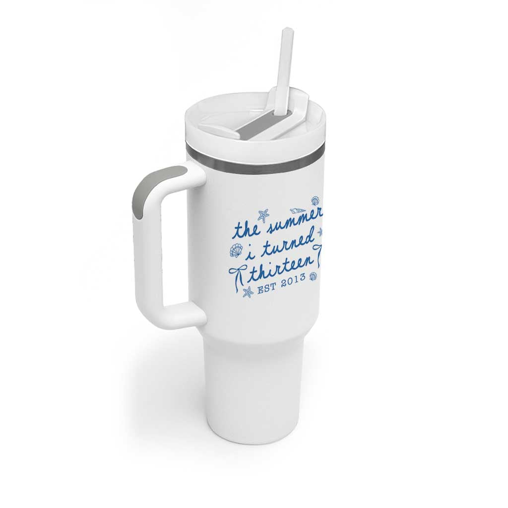 The Summer I Turned Thirteen Funny 13th Birthday Est 2013 Tumbler With Handle Summer Coastal Birthday Seashell Bow