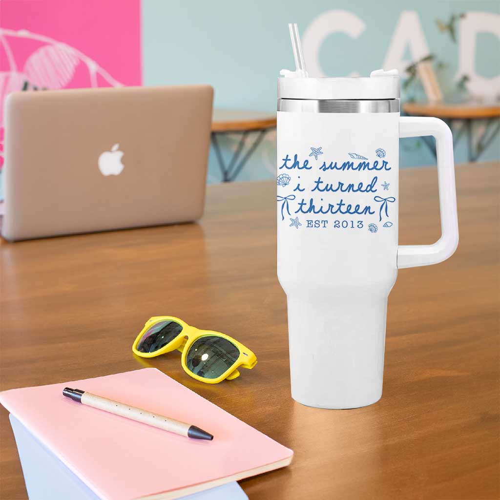 The Summer I Turned Thirteen Funny 13th Birthday Est 2013 Tumbler With Handle Summer Coastal Birthday Seashell Bow