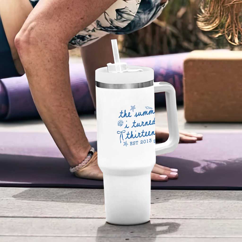 The Summer I Turned Thirteen Funny 13th Birthday Est 2013 Tumbler With Handle Summer Coastal Birthday Seashell Bow