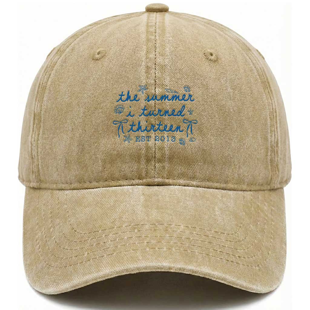 The Summer I Turned Thirteen Funny 13th Birthday Est 2013 Washed Cotton Baseball Cap Summer Coastal Birthday Seashell Bow