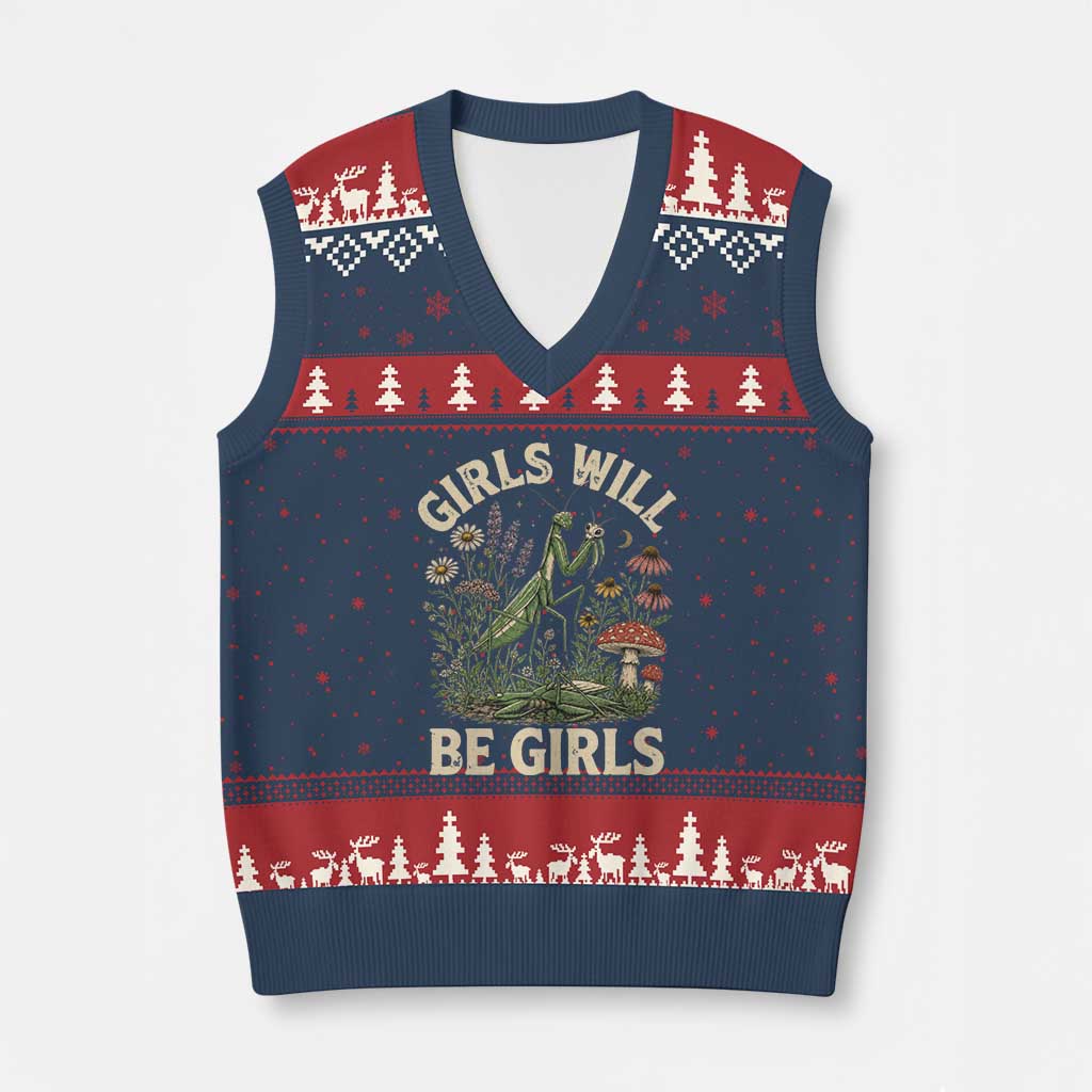 Girls Will Be Will Girls Praying Mantis Feminist Entomologist V-Neck Knit Sweater Vest