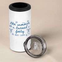 The Summer I Turned Forty Funny 40th Birthday Est 1986 4 in 1 Can Cooler Tumbler Summer Coastal Birthday Seashell Bow