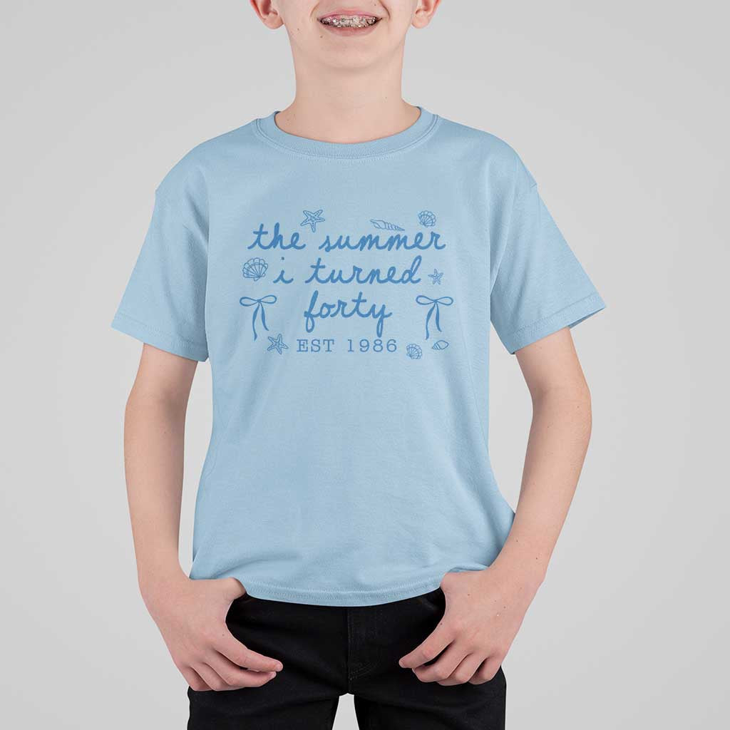 The Summer I Turned Forty Funny 40th Birthday Est 1986 T Shirt For Kid Summer Coastal Birthday Seashell Bow