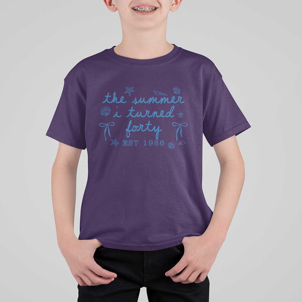 The Summer I Turned Forty Funny 40th Birthday Est 1986 T Shirt For Kid Summer Coastal Birthday Seashell Bow