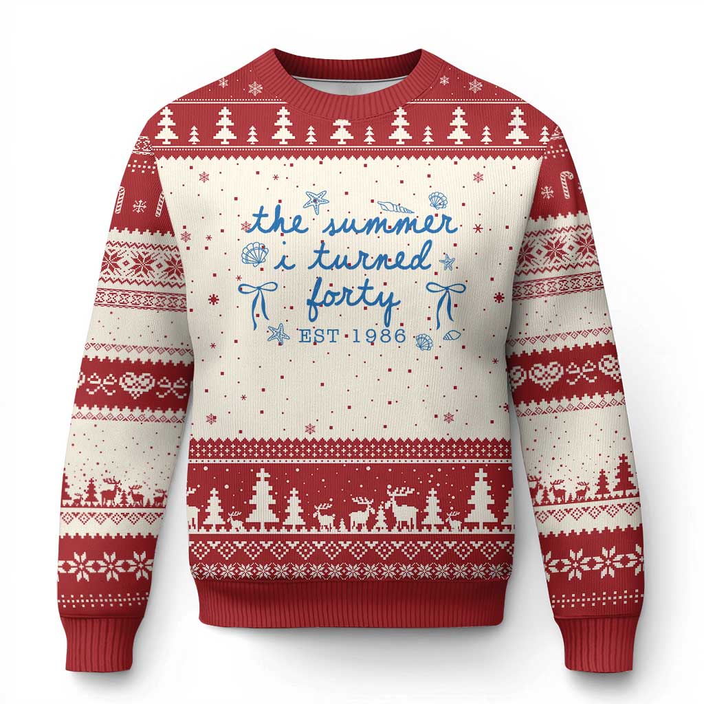 The Summer I Turned Forty Funny 40th Birthday Est 1986 Ugly Christmas Sweater Summer Coastal Birthday Seashell Bow