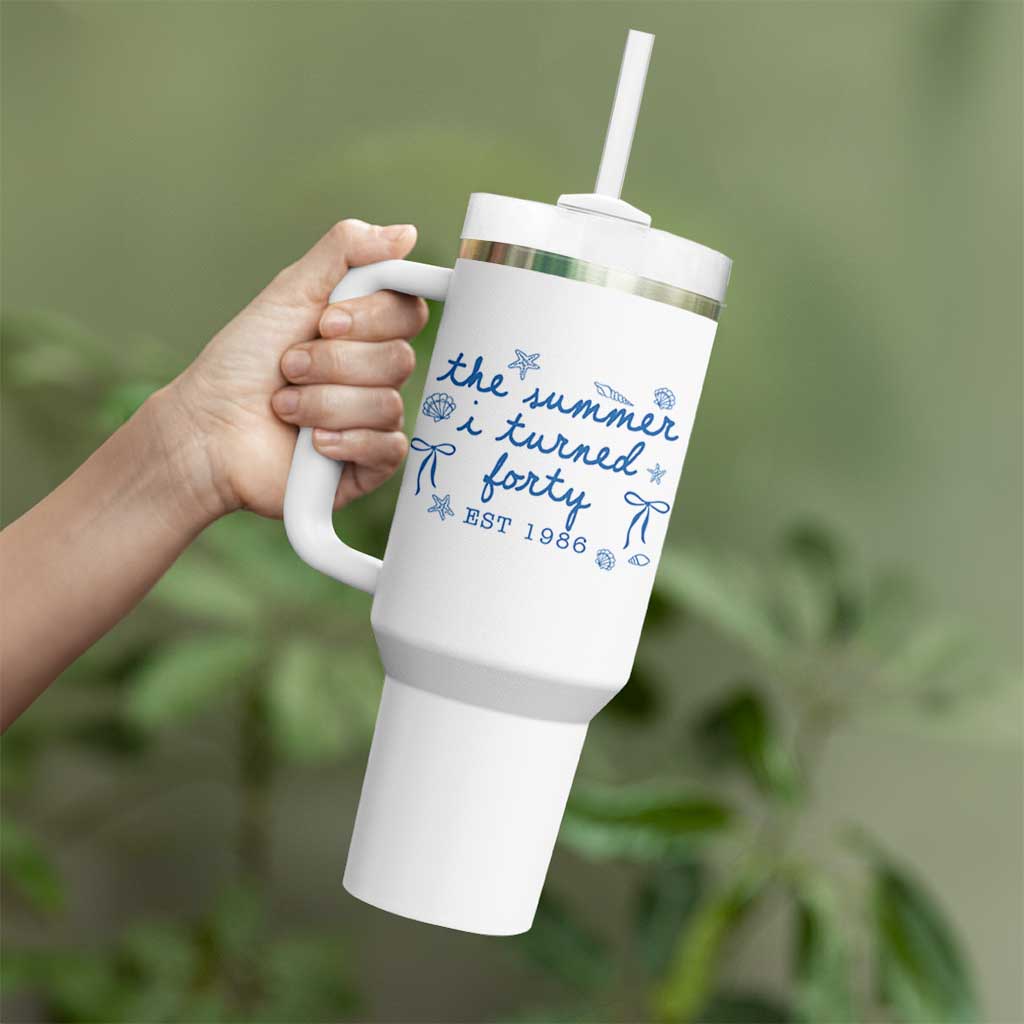 The Summer I Turned Forty Funny 40th Birthday Est 1986 Tumbler With Handle Summer Coastal Birthday Seashell Bow