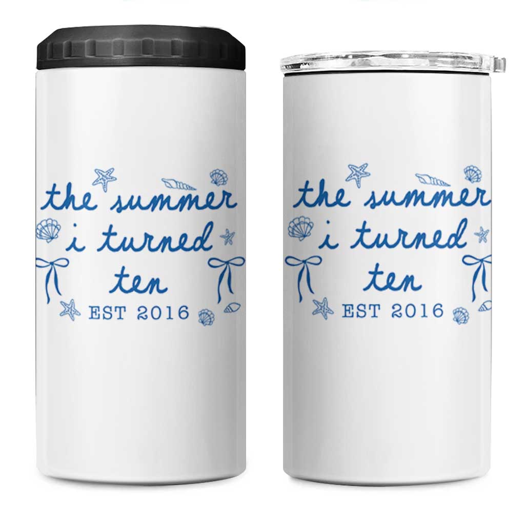 The Summer I Turned Ten Funny 10th Birthday Est 2016 4 in 1 Can Cooler Tumbler Summer Coastal Birthday Seashell Bow