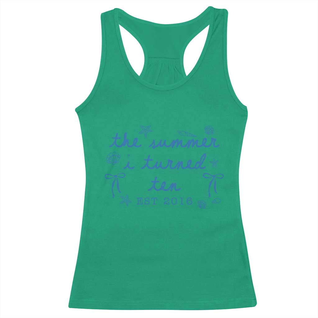 The Summer I Turned Ten Funny 10th Birthday Est 2016 Racerback Tank Top Summer Coastal Birthday Seashell Bow