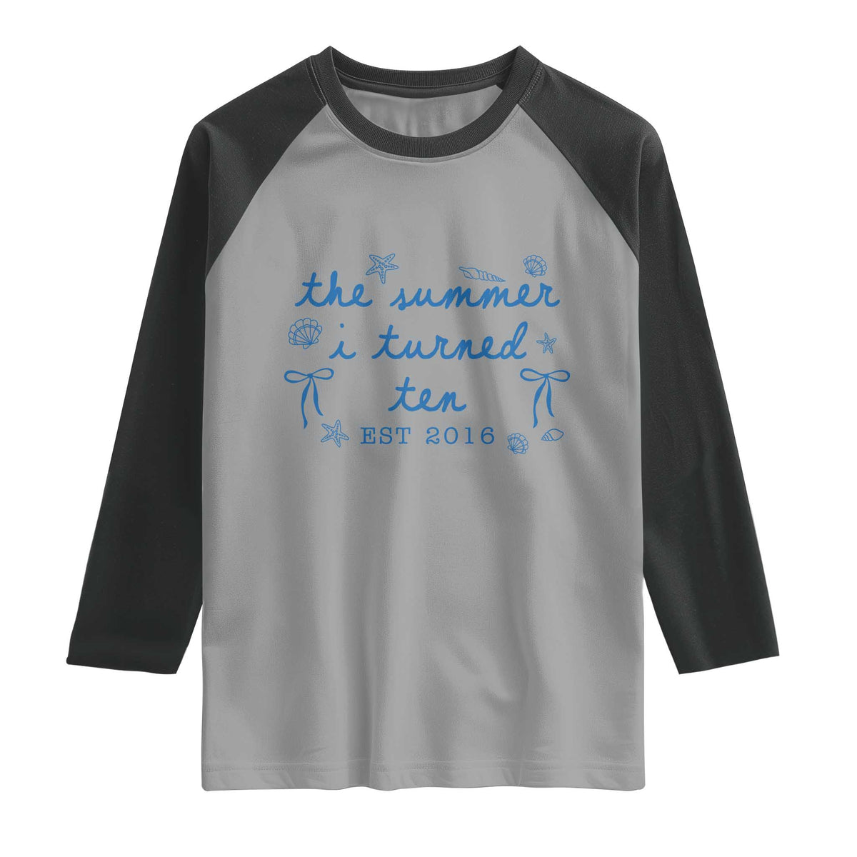 The Summer I Turned Ten Funny 10th Birthday Est 2016 Raglan Shirt Summer Coastal Birthday Seashell Bow