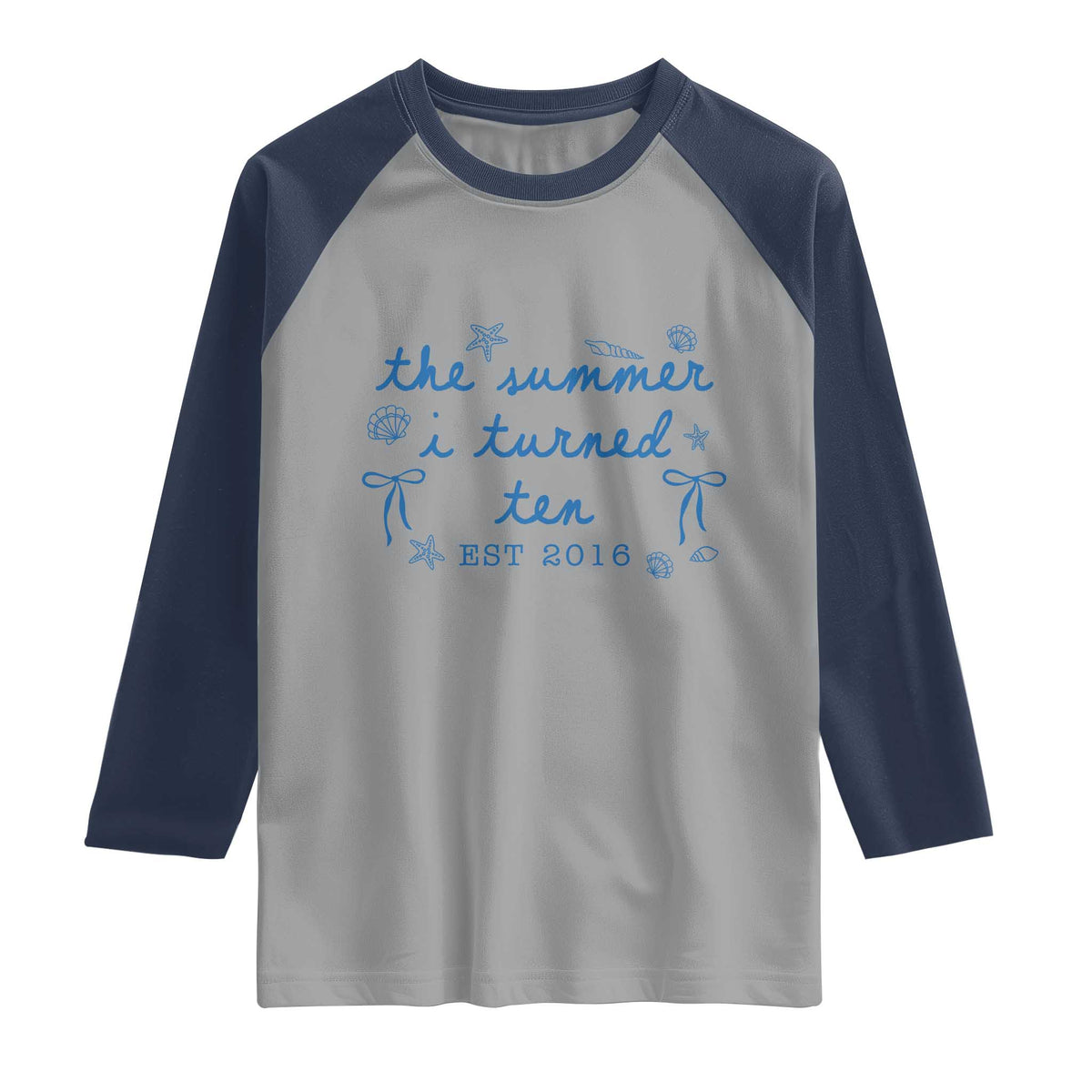 The Summer I Turned Ten Funny 10th Birthday Est 2016 Raglan Shirt Summer Coastal Birthday Seashell Bow