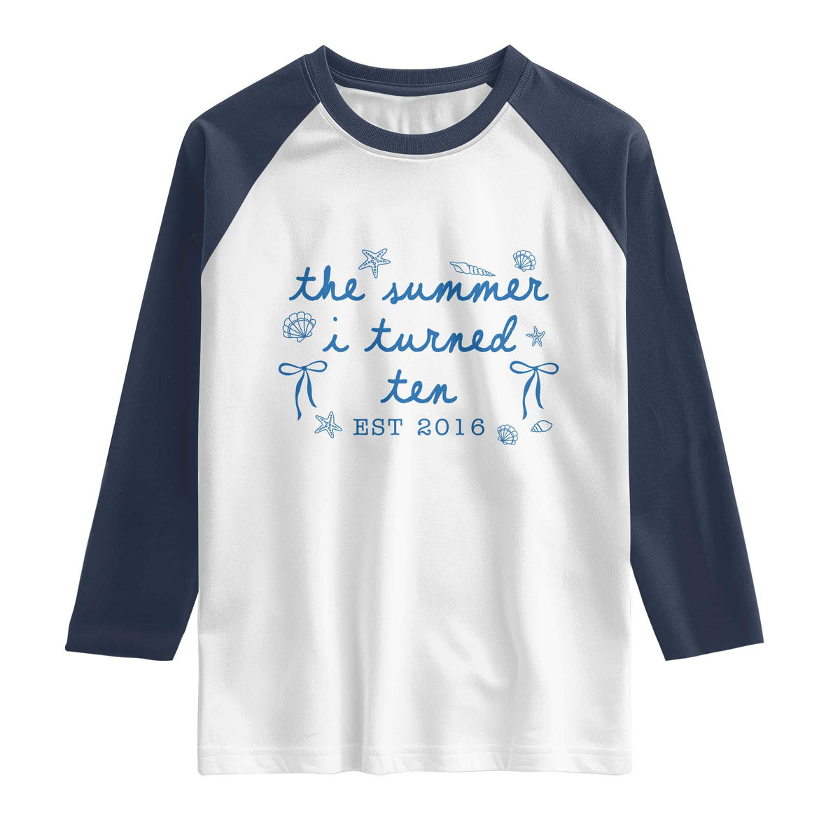 The Summer I Turned Ten Funny 10th Birthday Est 2016 Raglan Shirt Summer Coastal Birthday Seashell Bow