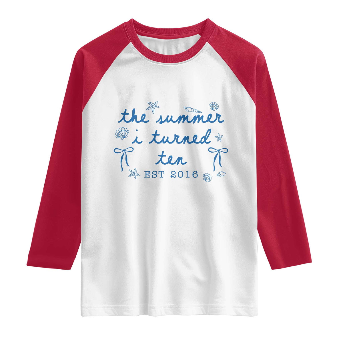 The Summer I Turned Ten Funny 10th Birthday Est 2016 Raglan Shirt Summer Coastal Birthday Seashell Bow