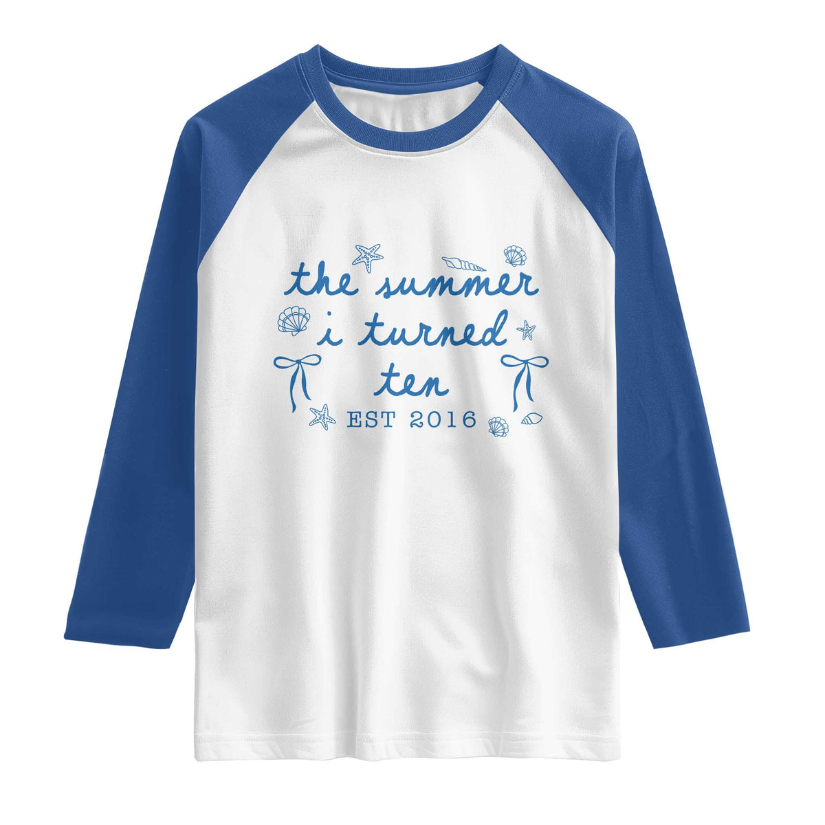 The Summer I Turned Ten Funny 10th Birthday Est 2016 Raglan Shirt Summer Coastal Birthday Seashell Bow