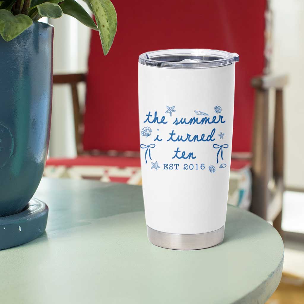 The Summer I Turned Ten Funny 10th Birthday Est 2016 Tumbler Cup Summer Coastal Birthday Seashell Bow