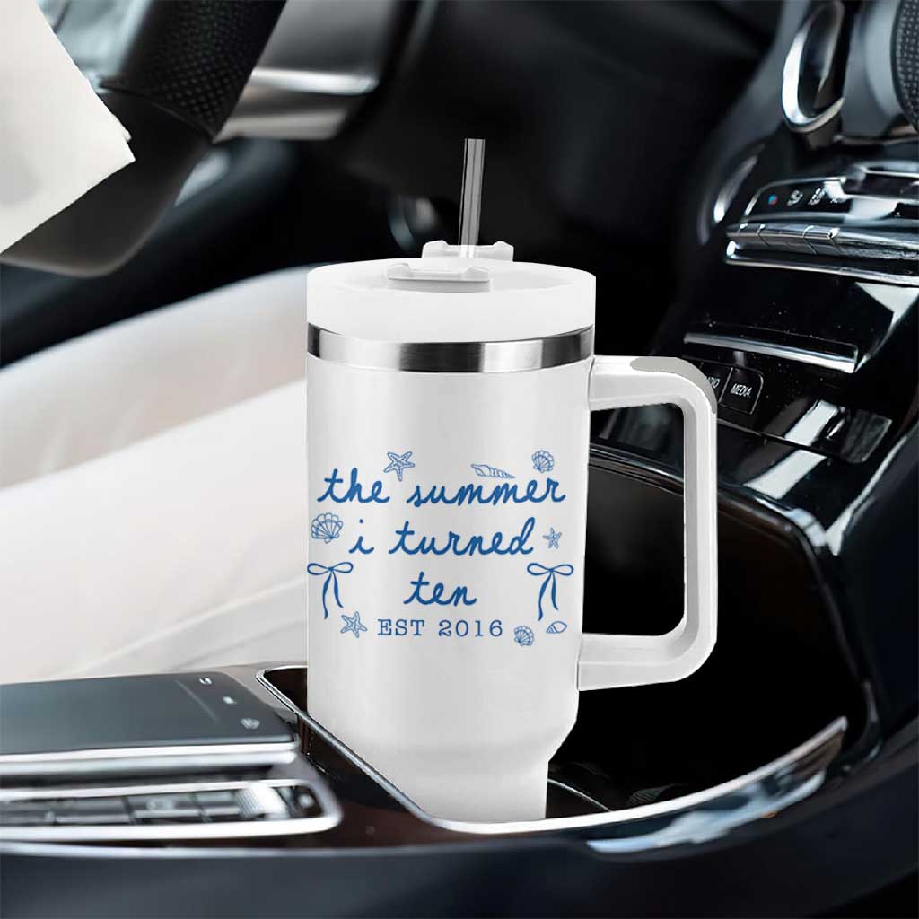 The Summer I Turned Ten Funny 10th Birthday Est 2016 Tumbler With Handle Summer Coastal Birthday Seashell Bow