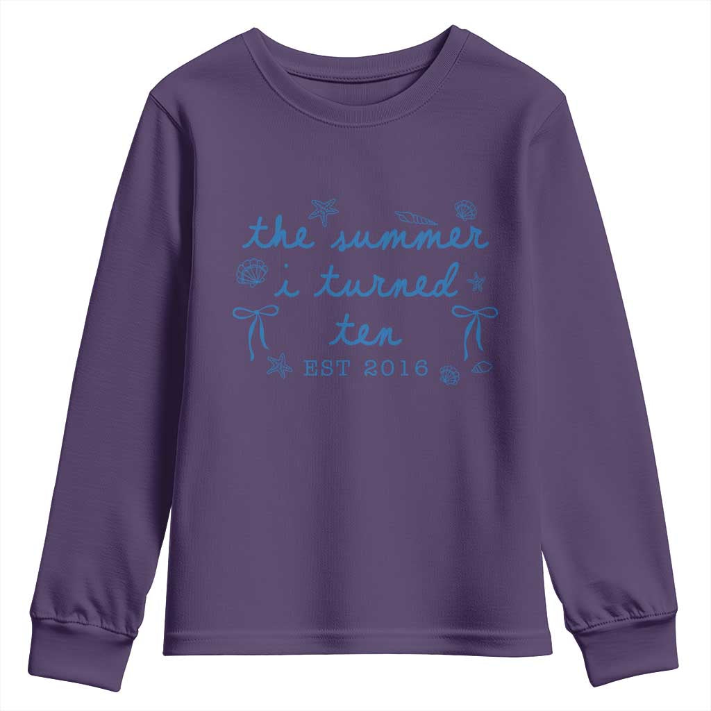 The Summer I Turned Ten Funny 10th Birthday Est 2016 Youth Sweatshirt Summer Coastal Birthday Seashell Bow