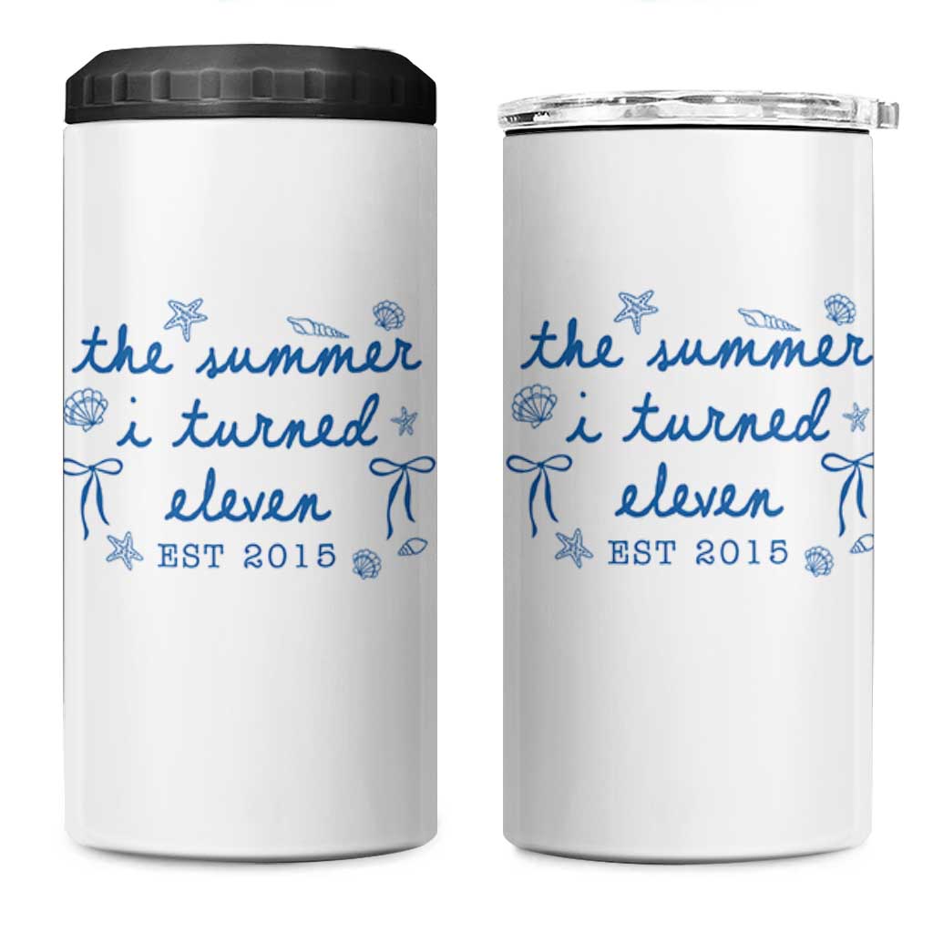 The Summer I Turned Eleven Funny 11th Birthday Est 2015 4 in 1 Can Cooler Tumbler Summer Coastal Birthday Seashell Bow