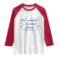 The Summer I Turned Eleven Funny 11th Birthday Est 2015 Raglan Shirt Summer Coastal Birthday Seashell Bow