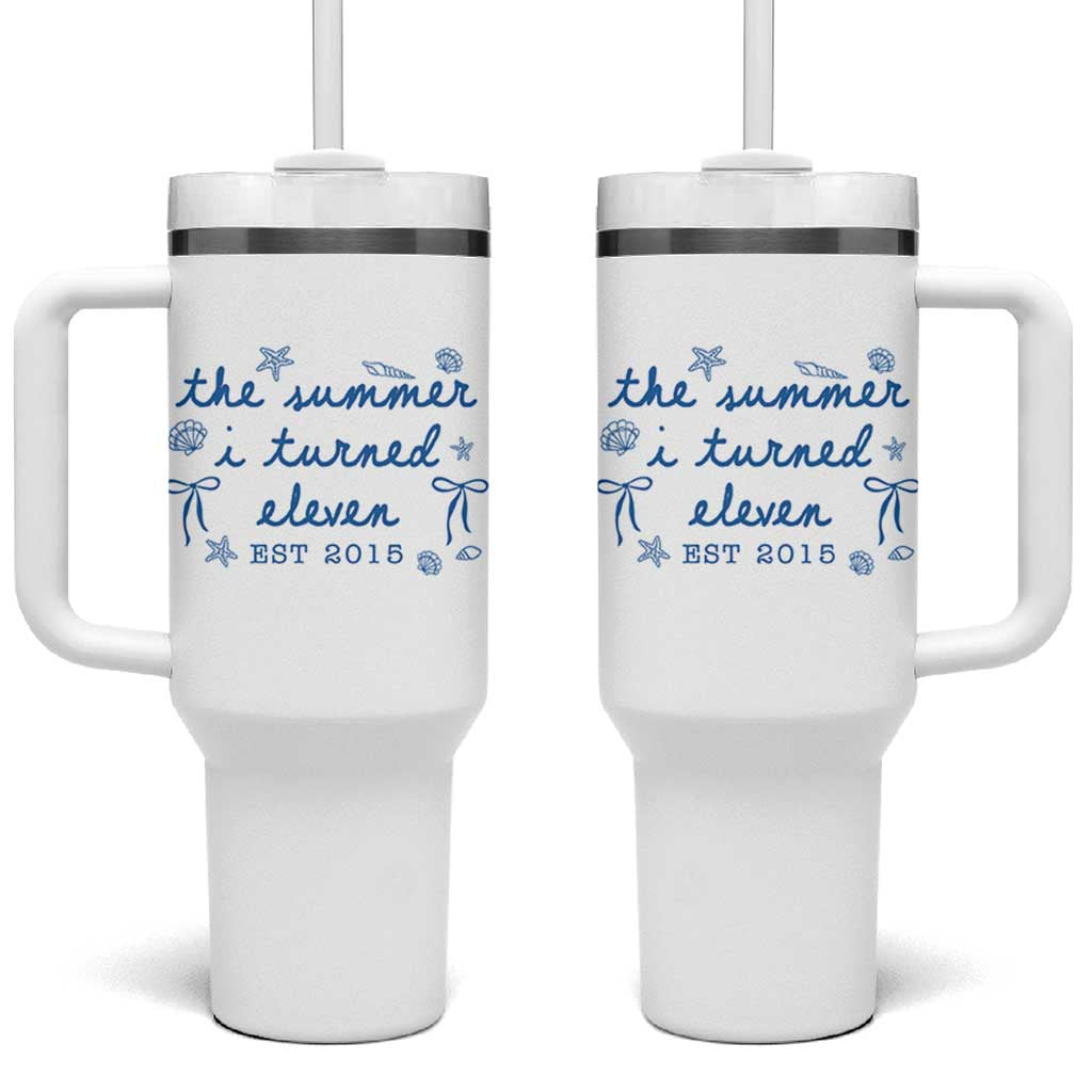 The Summer I Turned Eleven Funny 11th Birthday Est 2015 Tumbler With Handle Summer Coastal Birthday Seashell Bow