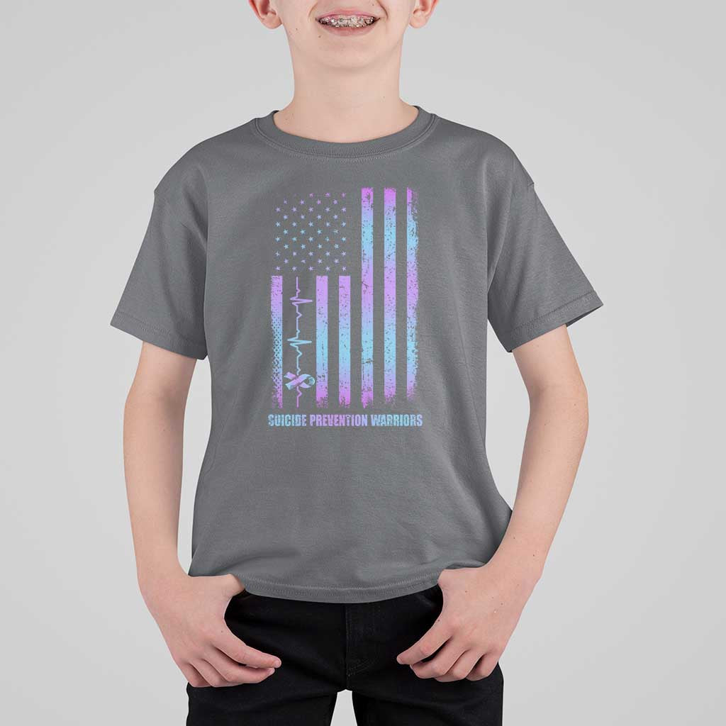 Suicide Prevention Warriors T Shirt For Kid Vintage American Flag Heartbeat Ribbon - Wonder Print Shop