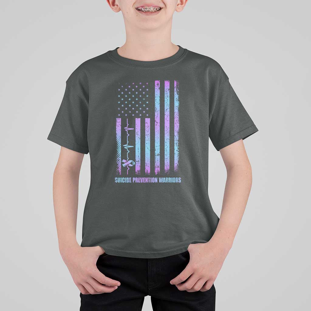 Suicide Prevention Warriors T Shirt For Kid Vintage American Flag Heartbeat Ribbon - Wonder Print Shop