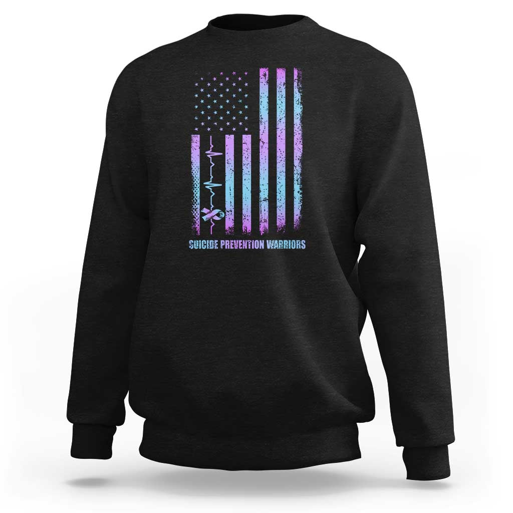 Suicide Prevention Warriors Sweatshirt Vintage American Flag Heartbeat Ribbon - Wonder Print Shop