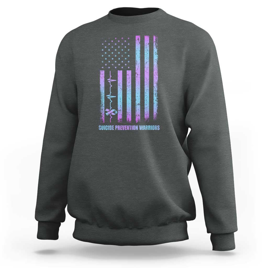 Suicide Prevention Warriors Sweatshirt Vintage American Flag Heartbeat Ribbon - Wonder Print Shop