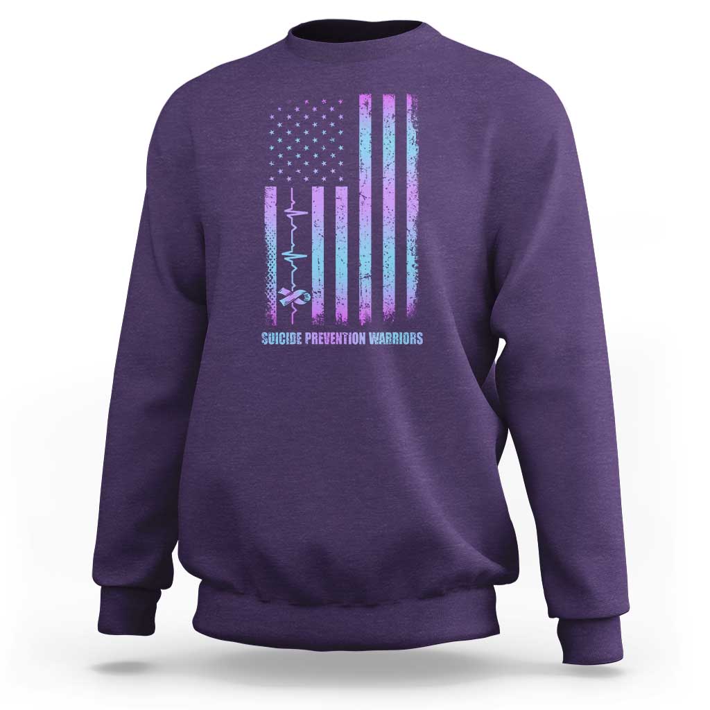 Suicide Prevention Warriors Sweatshirt Vintage American Flag Heartbeat Ribbon - Wonder Print Shop