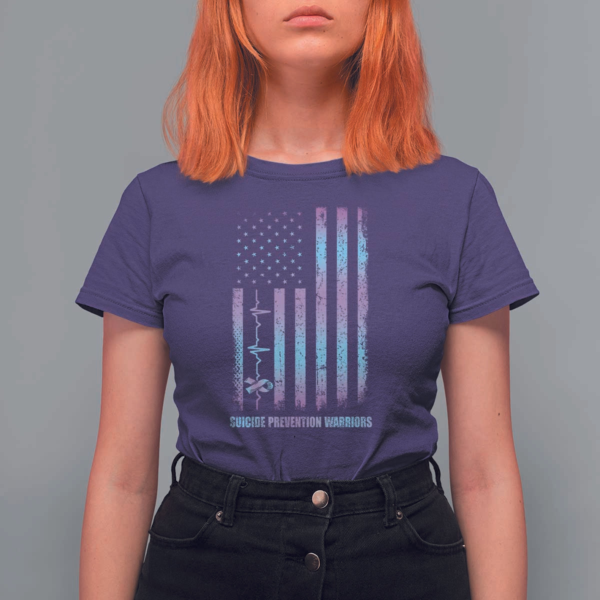 Suicide Prevention Warriors T Shirt For Women Vintage American Flag Heartbeat Ribbon - Wonder Print Shop