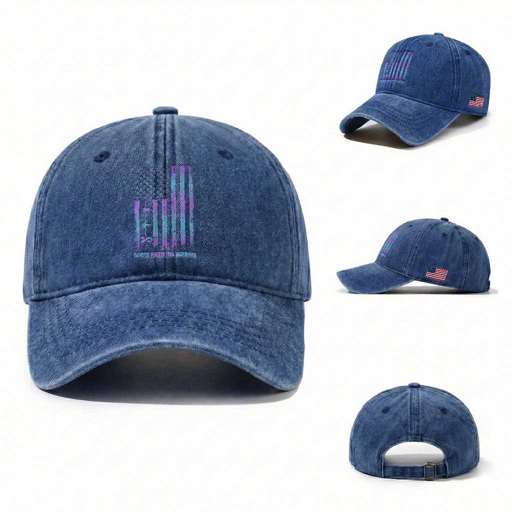 Suicide Prevention Warriors Washed Cotton Baseball Cap Vintage American Flag Heartbeat Ribbon