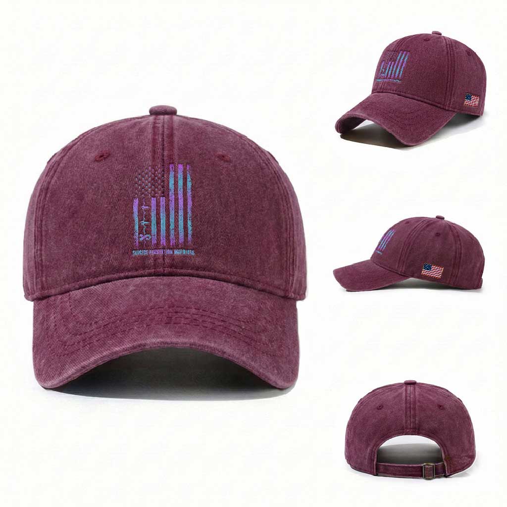 Suicide Prevention Warriors Washed Cotton Baseball Cap Vintage American Flag Heartbeat Ribbon