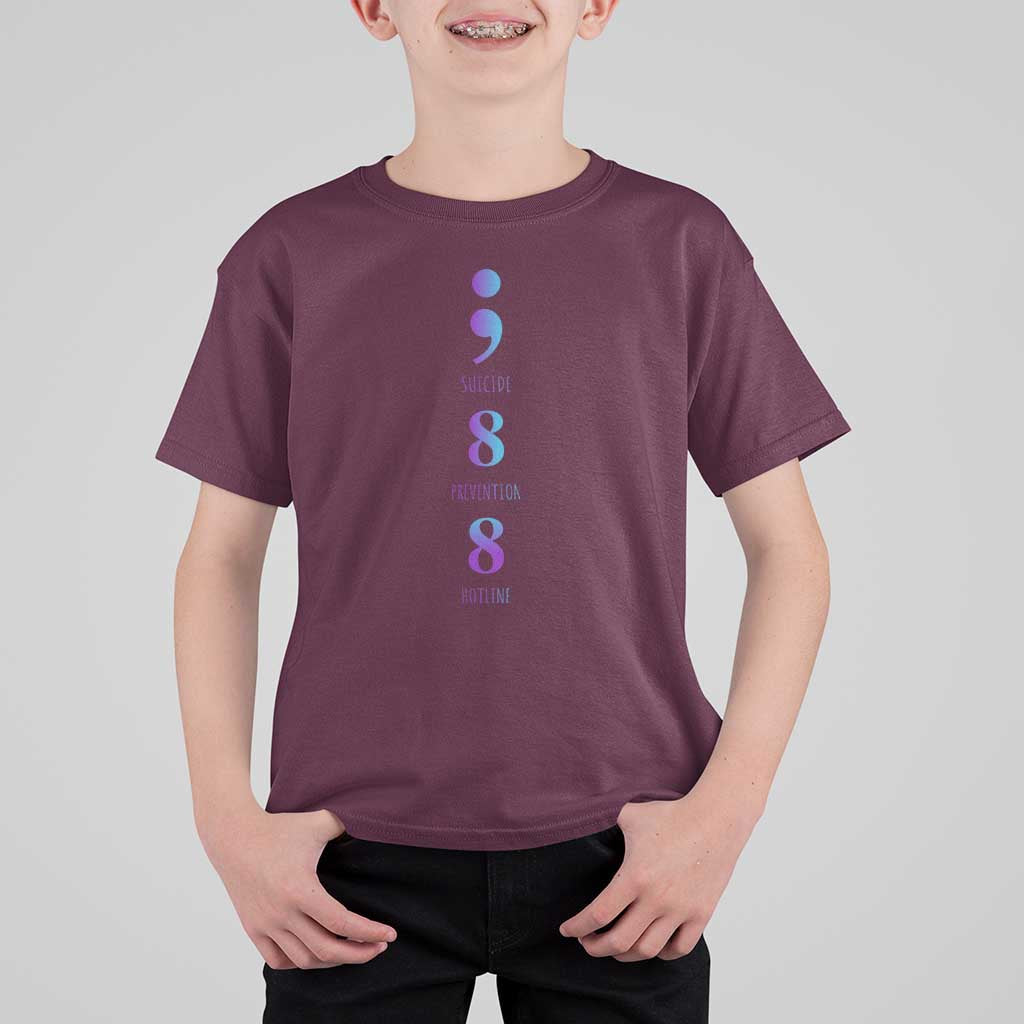 Suicide Prevention Awareness T Shirt For Kid 988 Suicide Prevention Hotline 988 Purple Teal Semicolon - Wonder Print Shop