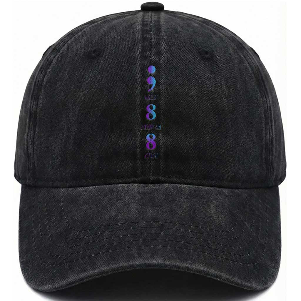 Suicide Prevention Awareness Washed Cotton Baseball Cap 988 Suicide Prevention Hotline 988 Purple Teal Semicolon