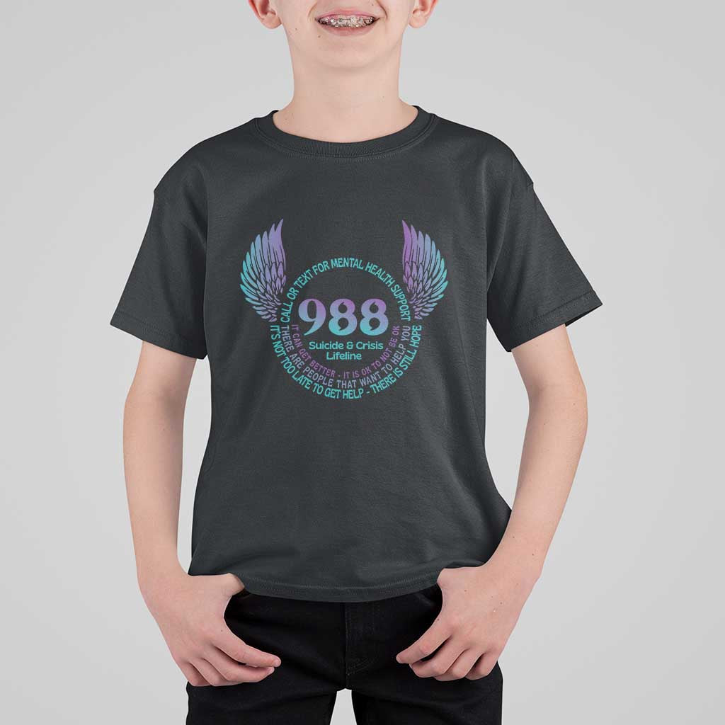 Suicide Prevention Awareness T Shirt For Kid Call Or Text For Mental Health Support 988 Suicide And Crisis Lifeline Wings - Wonder Print Shop