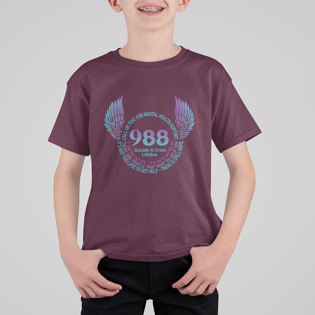 Suicide Prevention Awareness T Shirt For Kid Call Or Text For Mental Health Support 988 Suicide And Crisis Lifeline Wings - Wonder Print Shop