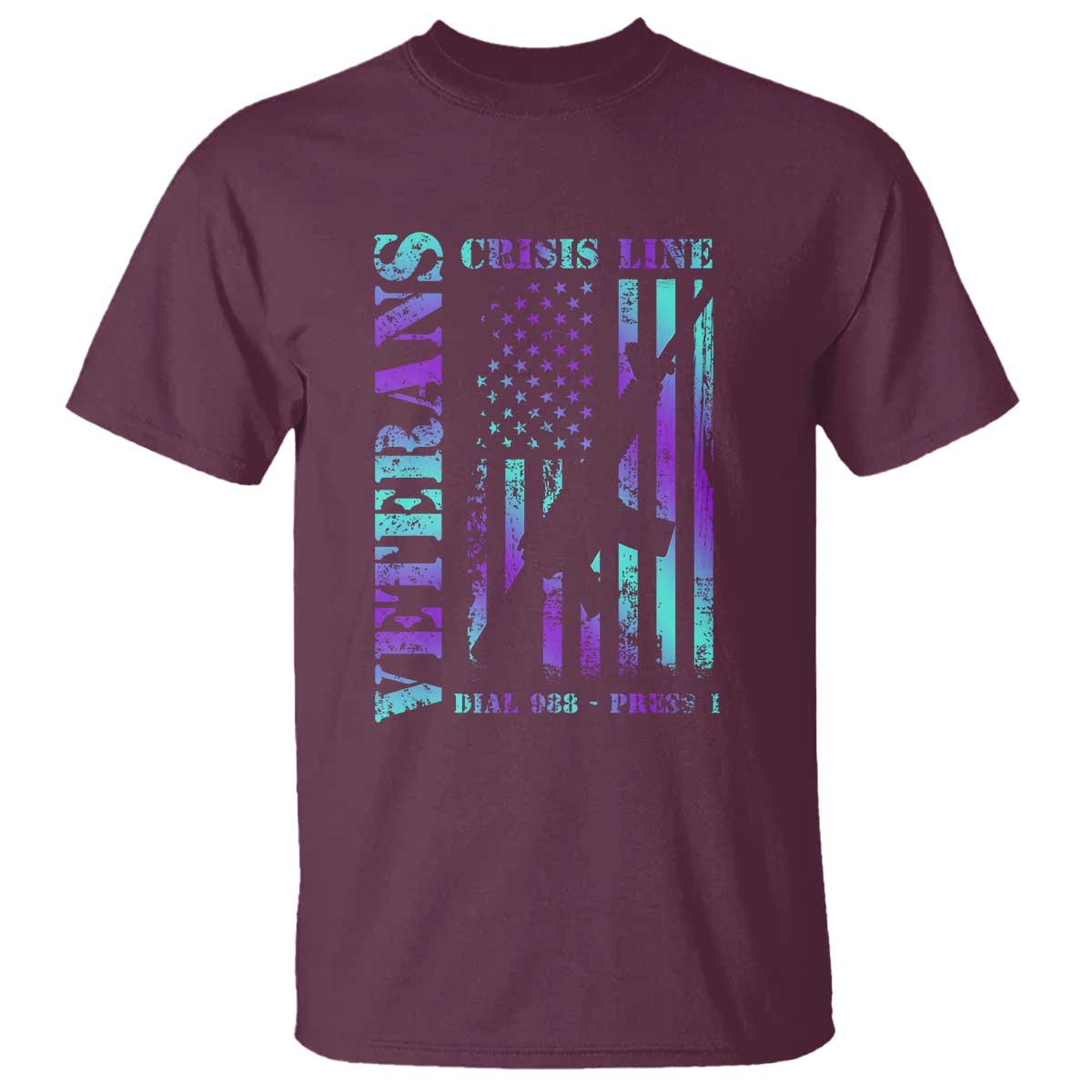 Suicide Prevention Awareness T Shirt Veterans Crisis Line Dial 988 Press 1 American Flag Gun - Wonder Print Shop