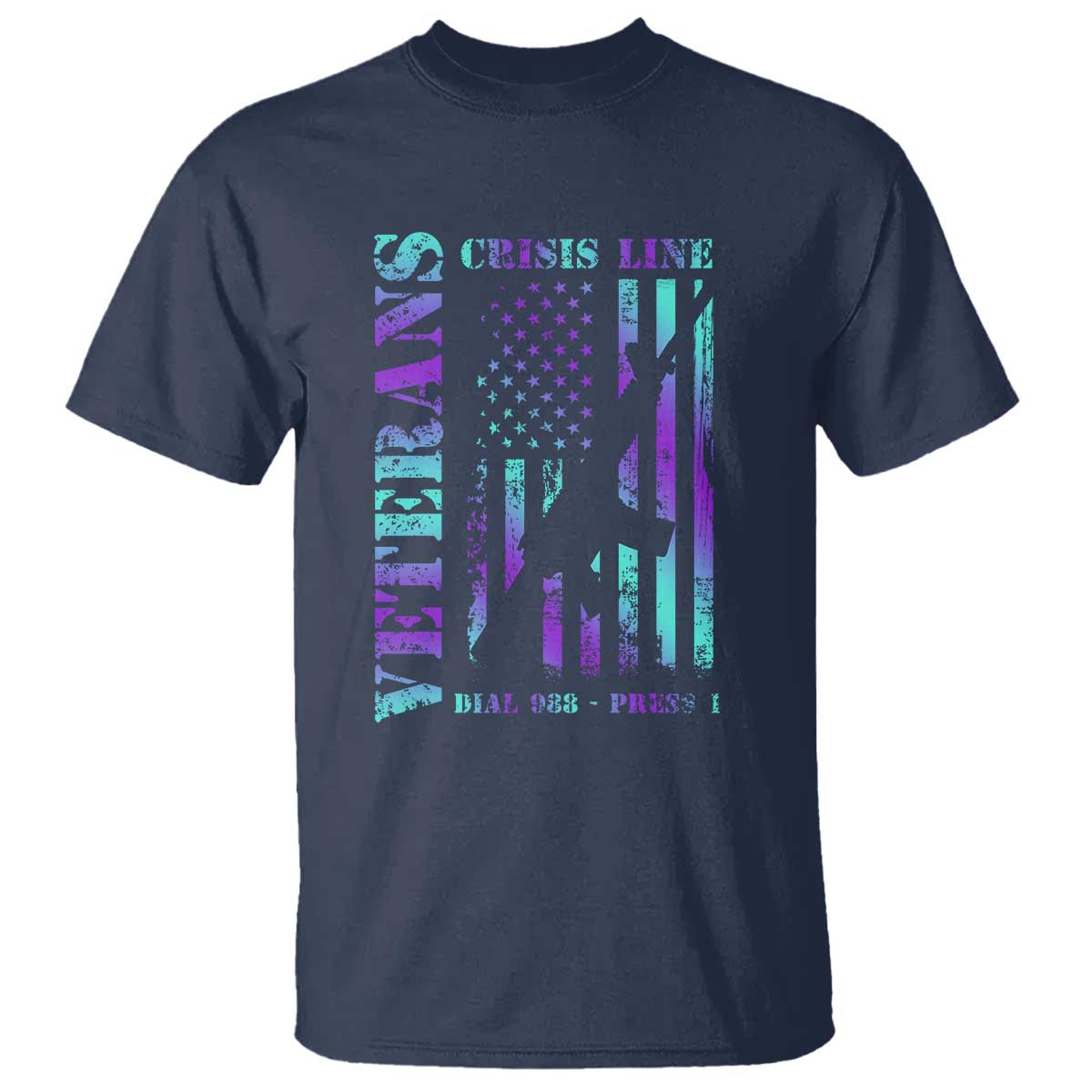 Suicide Prevention Awareness T Shirt Veterans Crisis Line Dial 988 Press 1 American Flag Gun - Wonder Print Shop
