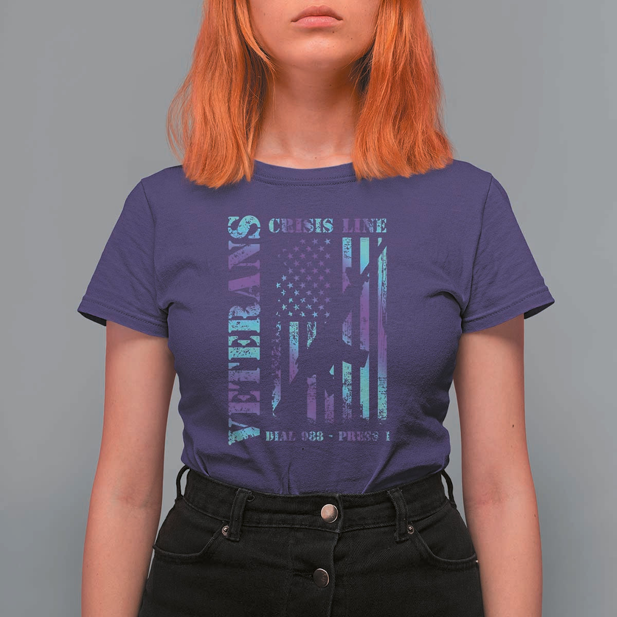 Suicide Prevention Awareness T Shirt For Women Veterans Crisis Line Dial 988 Press 1 American Flag Gun - Wonder Print Shop