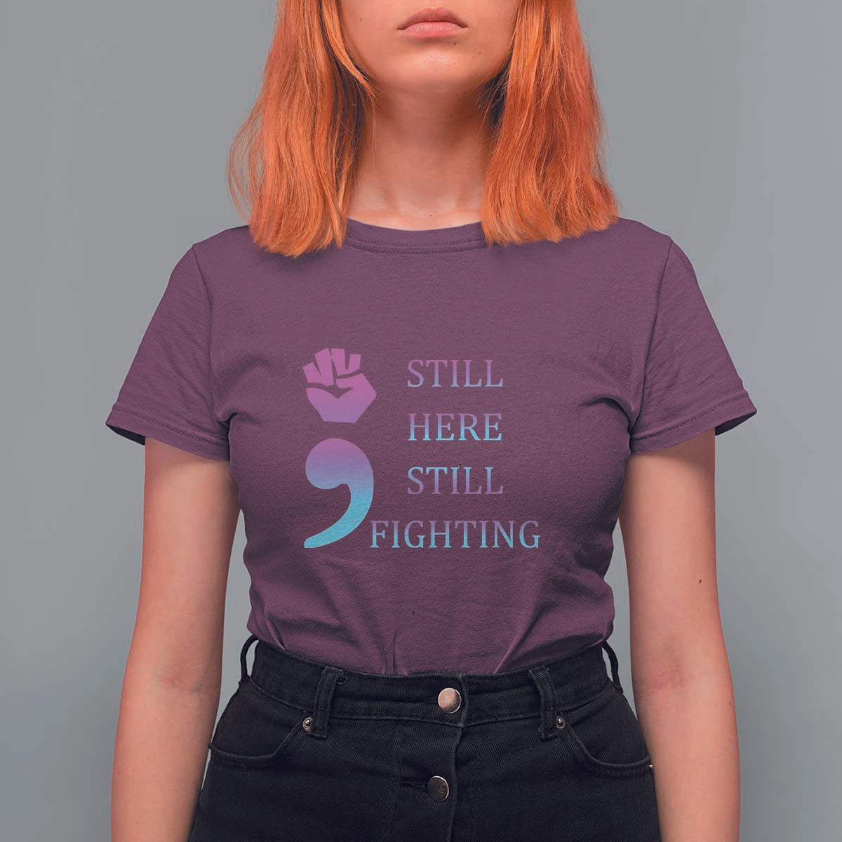 Suicide Prevention Awareness T Shirt For Women Still Here Still Fighting Semicolon Hand Fist - Wonder Print Shop