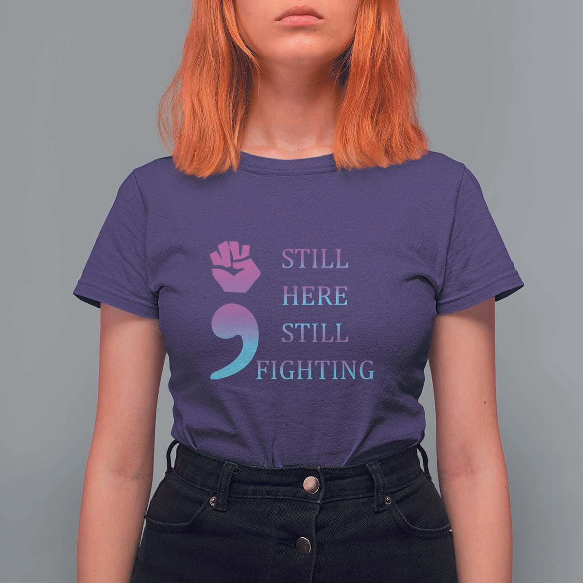Suicide Prevention Awareness T Shirt For Women Still Here Still Fighting Semicolon Hand Fist - Wonder Print Shop
