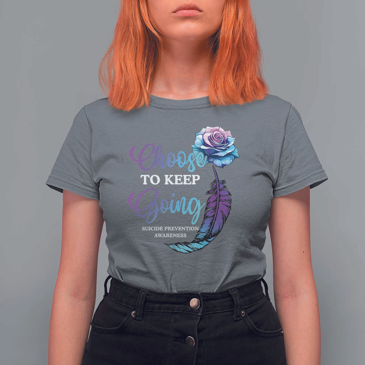 Suicide Prevention Awareness T Shirt For Women Choose To Keep Going Semicolon Rose Feather - Wonder Print Shop