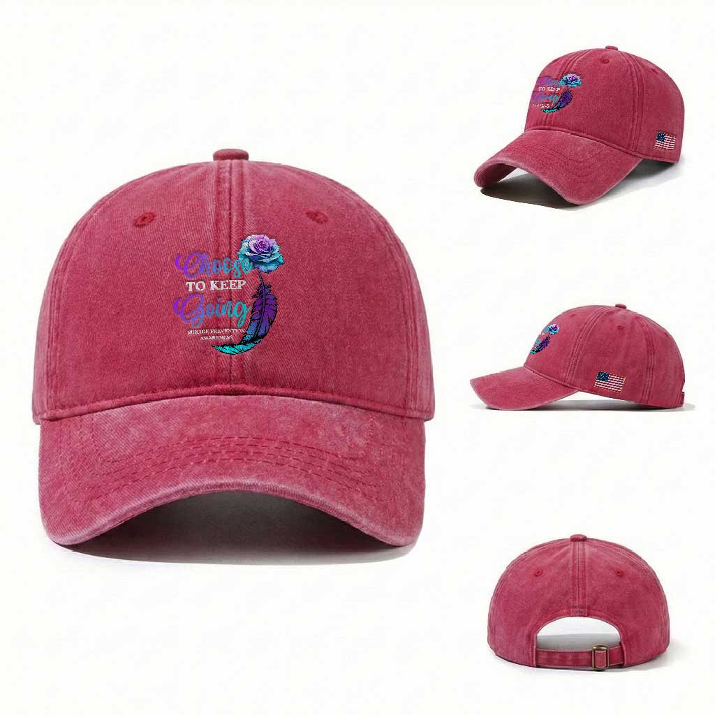 Suicide Prevention Awareness Washed Cotton Baseball Cap Choose To Keep Going Semicolon Rose Feather