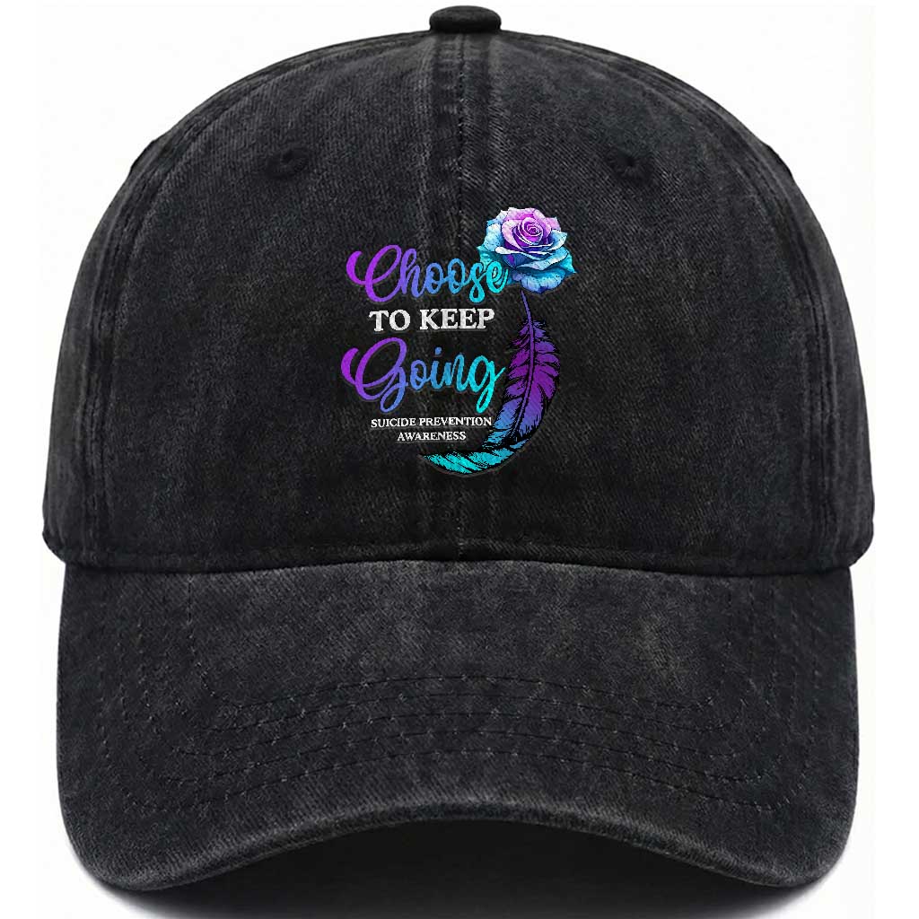 Suicide Prevention Awareness Washed Cotton Baseball Cap Choose To Keep Going Semicolon Rose Feather