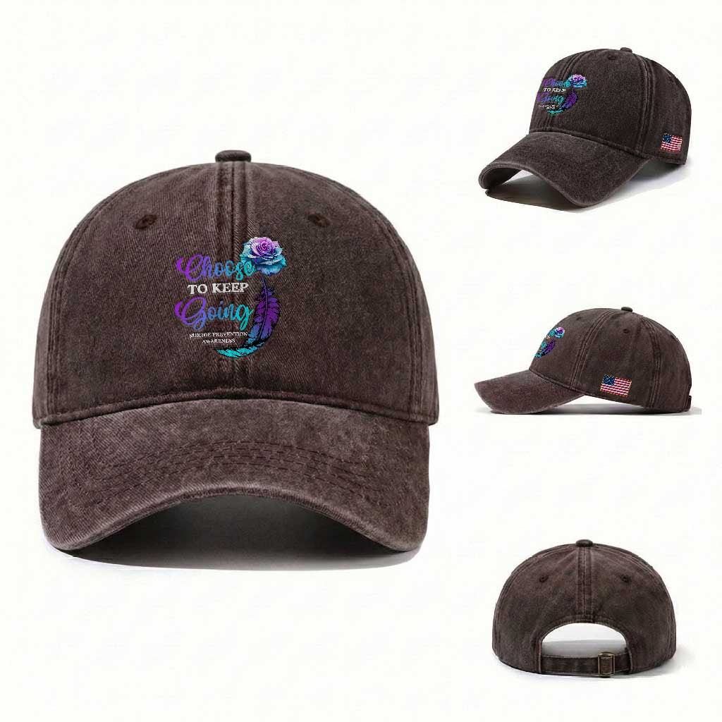 Suicide Prevention Awareness Washed Cotton Baseball Cap Choose To Keep Going Semicolon Rose Feather