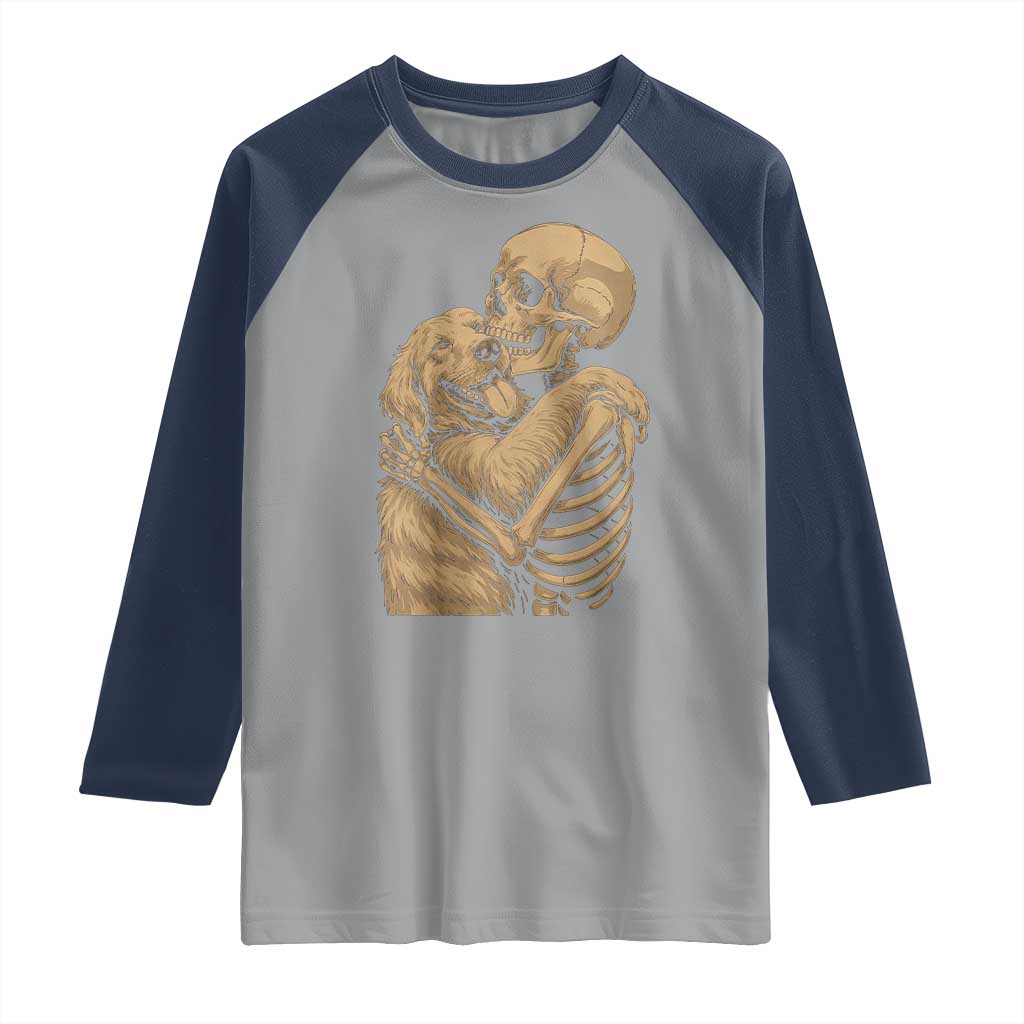 Skeleton Hugging Dog Halloween Dog Lover Raglan Shirt - Wonder Print Shop