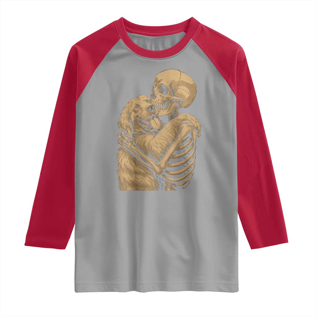 Skeleton Hugging Dog Halloween Dog Lover Raglan Shirt - Wonder Print Shop